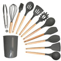 Kit Utensílios de Cozinha Silicone com Cabo de Madeira - 12 Peças