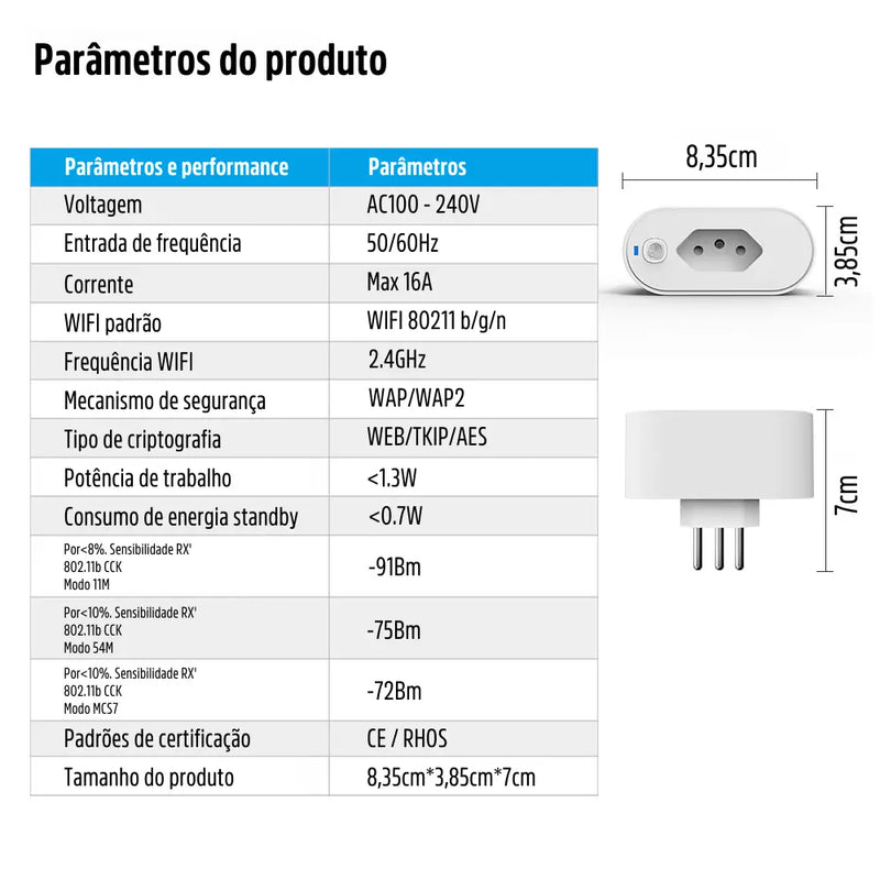 Tomada Inteligente 16A Wi-Fi Liga e Desliga via Aplicativo Compatível com Alexa e Google Assistente