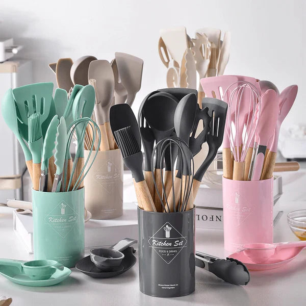 Kit Utensílios de Cozinha Silicone com Cabo de Madeira - 12 Peças